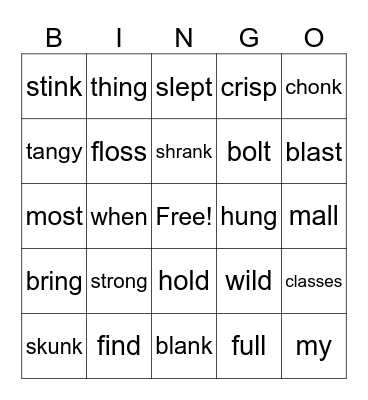 Word Families, Blends and Digrpahs Bingo Card