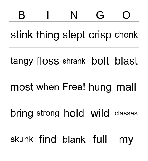Word Families, Blends and Digrpahs Bingo Card