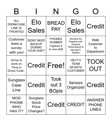 Cashier Bingo Card