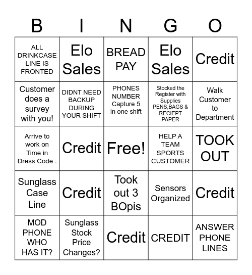 Cashier Bingo Card