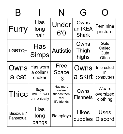 Femboy Bingo Card