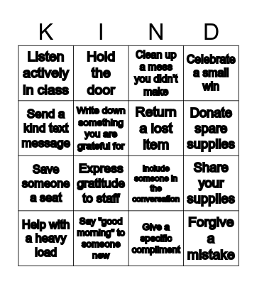 Kindness Bingo Board Project! Bingo Card