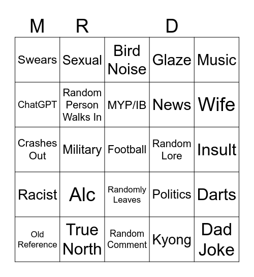 Mr D Bingo Card