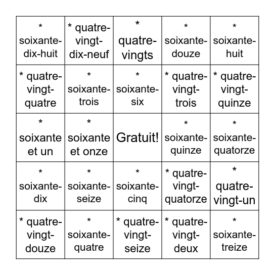 JE L'AI! 60-100 Bingo Card
