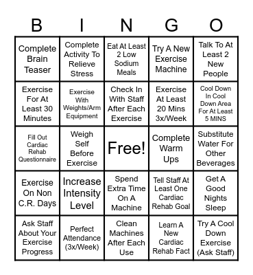 DeGraff Cardiac Rehab Bingo Card