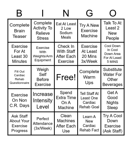 DeGraff Cardiac Rehab Bingo Card