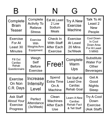 DeGraff Cardiac Rehab Bingo Card