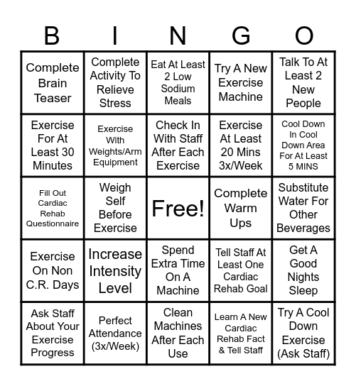 DeGraff Cardiac Rehab Bingo Card