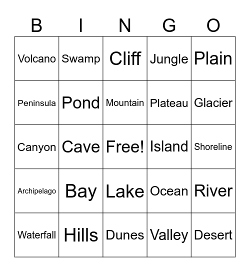 Landforms & Bodies of Water Bingo Card