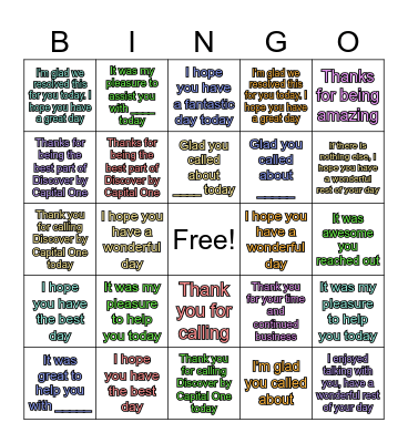 Call Closing Bingo Card