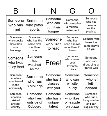 Get To Know Your Classmates Bingo Card
