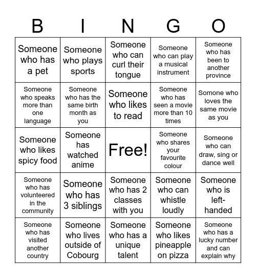 Get To Know Your Classmates Bingo Card