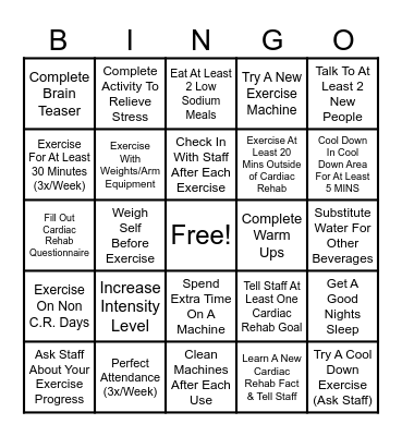 JMH Cardiac Rehab (PHASE 2) Bingo Card