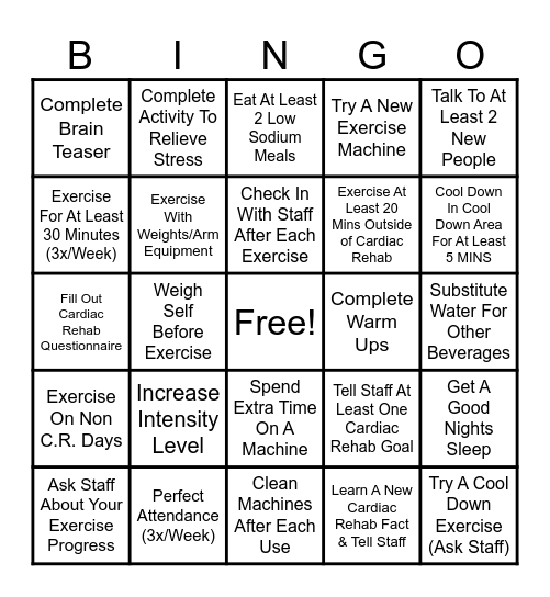 JMH Cardiac Rehab (PHASE 2) Bingo Card