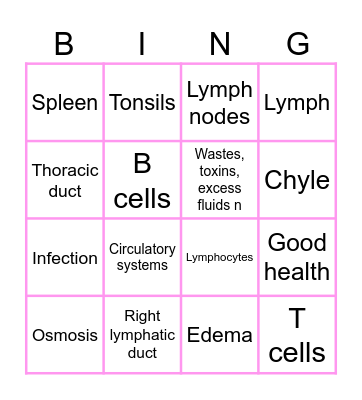 The Lymphatic System Bingo Card