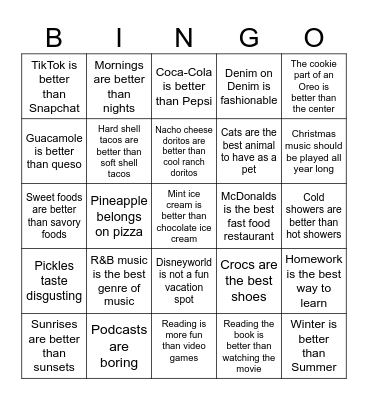Hot Takes Bingo Card