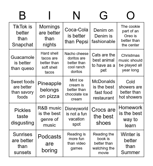 Hot Takes Bingo Card