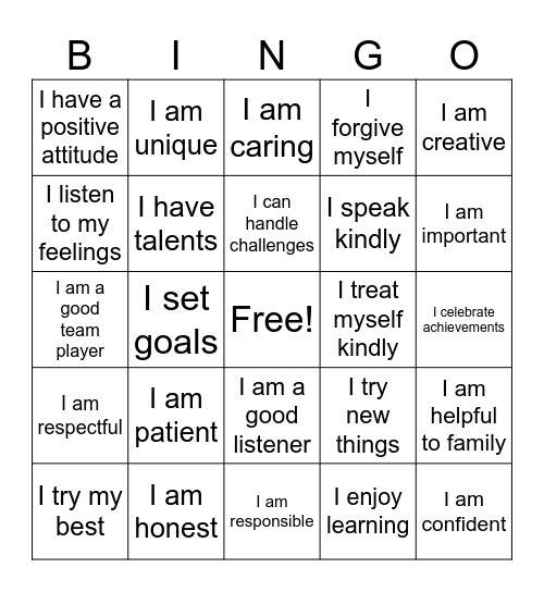 Self Esteem Bingo Card