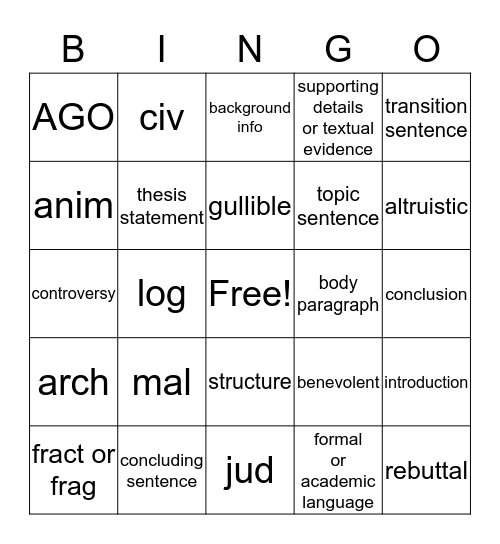 lit terms Bingo Card