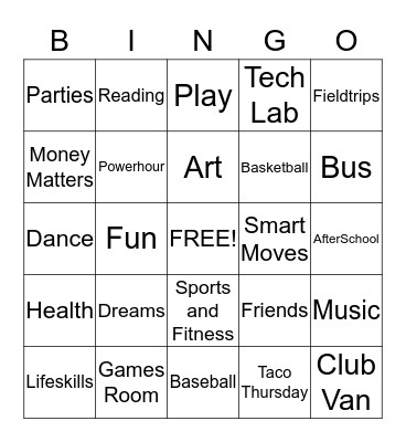 Boys and Girls Club Bingo Card