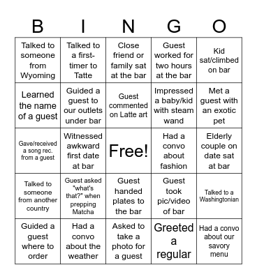 Bar Bingo Card