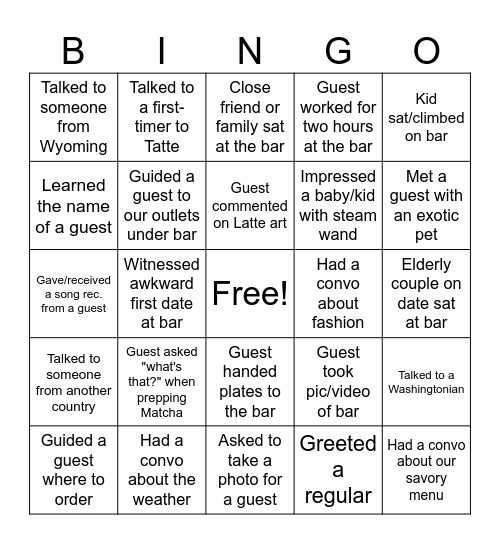 Bar Bingo Card