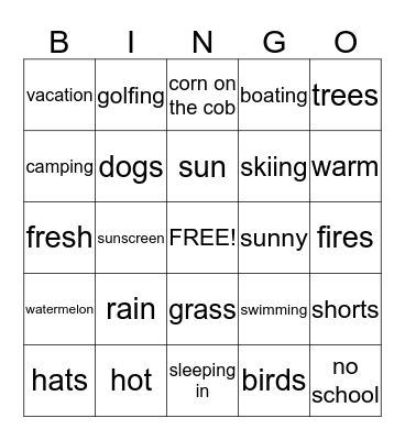 Summer Fun Bingo Card