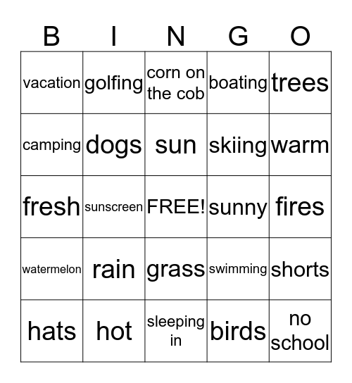 Summer Fun Bingo Card