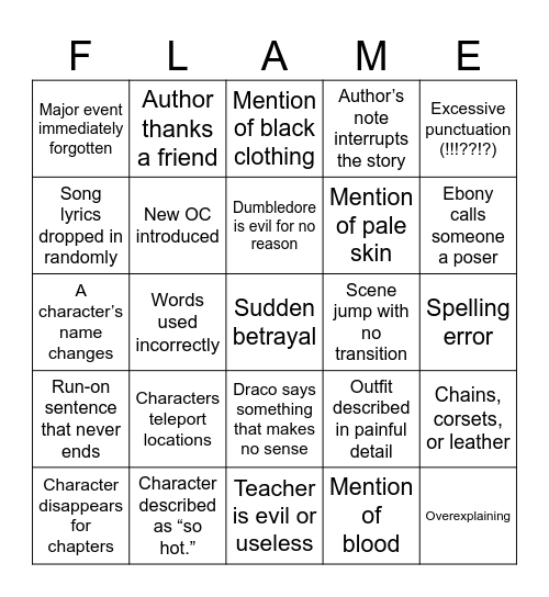 My Immortal Bingo Card