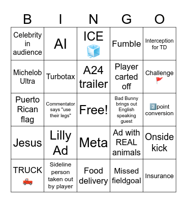 Superbowl Bingo Card