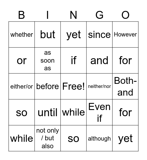 Conjunctions Bingo Card