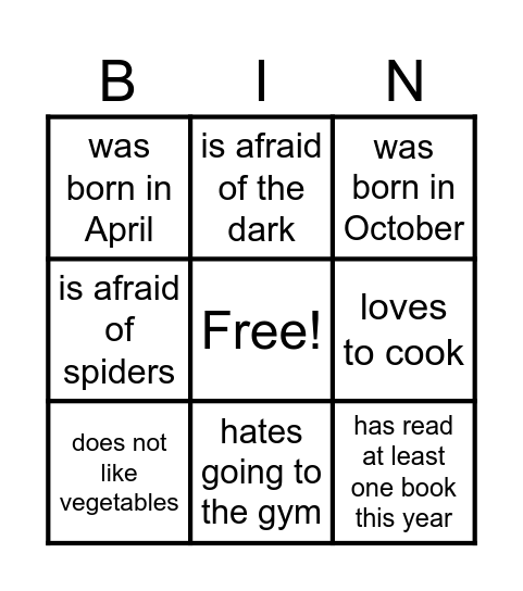 T3's first class Bingo Card