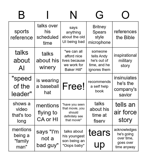 Andy Bingo Card Bingo Card