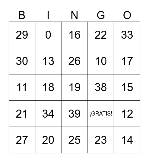 Los Números Bingo 0-39 Bingo Card