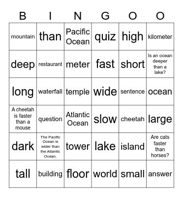 Unit 8: Mountains high, Oceans deep Bingo Card