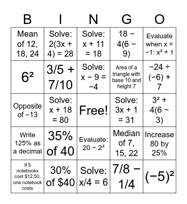 7th grade math skills Bingo Card