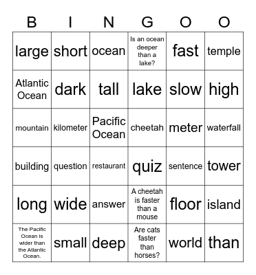 Unit 8: Mountains high, Oceans deep Bingo Card