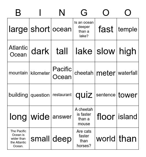Unit 8: Mountains high, Oceans deep Bingo Card
