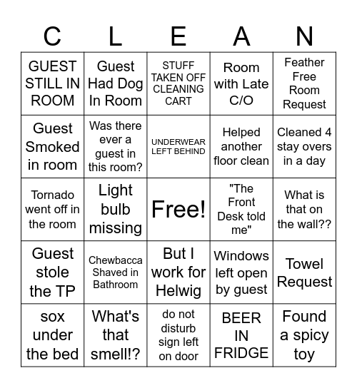 Housekeeping Bingo Card