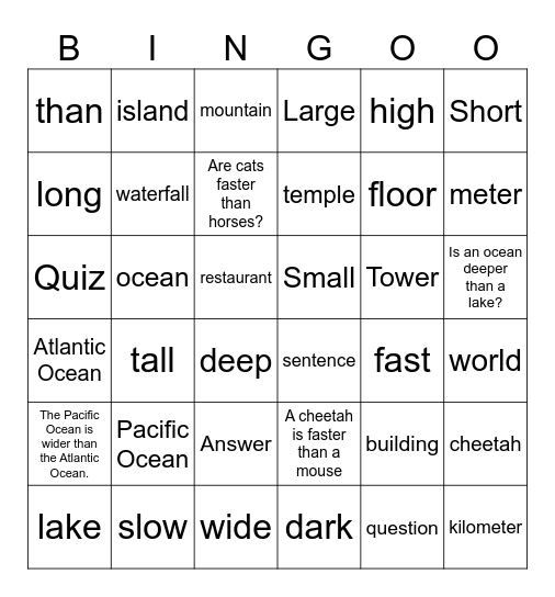 Unit 8: Mountains high, Oceans deep Bingo Card