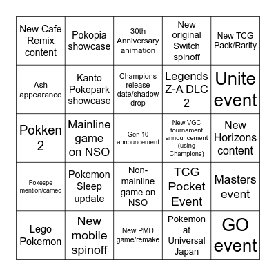 Pokemon Day Bingo Card