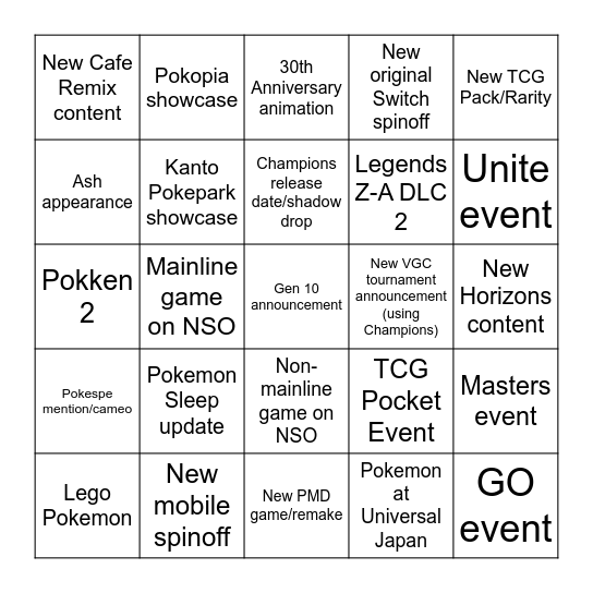 Pokemon Day Bingo Card