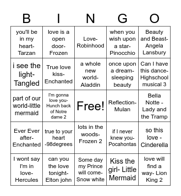 DJ Danny Disney Love songs Bingo Card