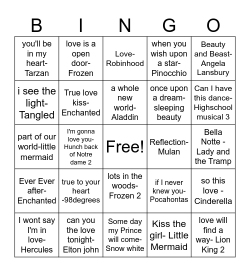 DJ Danny Disney Love songs Bingo Card