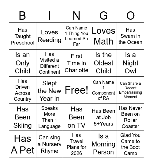 Charlotte Boot Camp Bingo Card