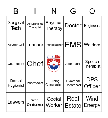 GEAR UP Career Exploration Bingo Card