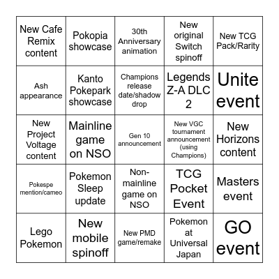 Pokemon Day Bingo Card