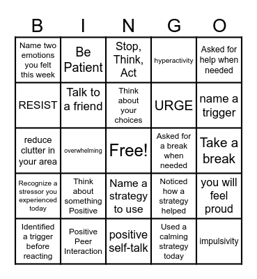 Self Control Bingo Card
