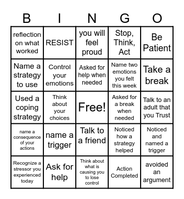 Self Control Bingo Card