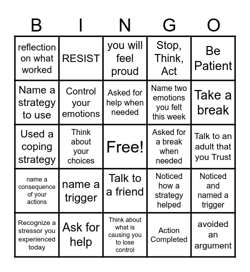 Self Control Bingo Card
